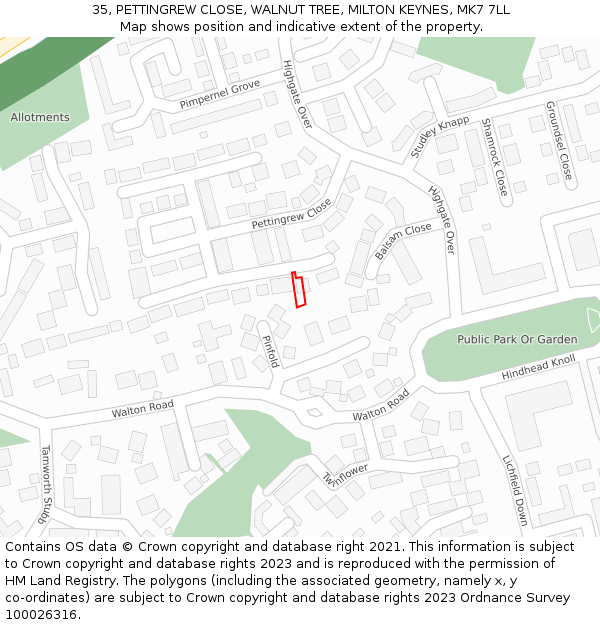 35, PETTINGREW CLOSE, WALNUT TREE, MILTON KEYNES, MK7 7LL: Location map and indicative extent of plot