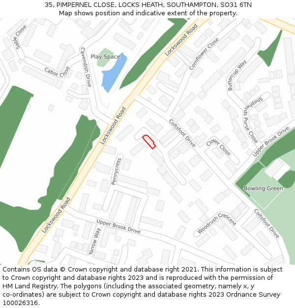 35, PIMPERNEL CLOSE, LOCKS HEATH, SOUTHAMPTON, SO31 6TN: Location map and indicative extent of plot