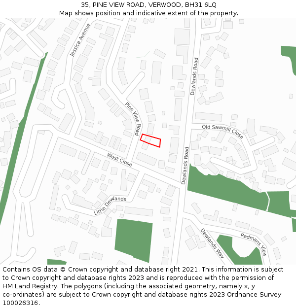 35, PINE VIEW ROAD, VERWOOD, BH31 6LQ: Location map and indicative extent of plot