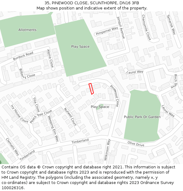 35, PINEWOOD CLOSE, SCUNTHORPE, DN16 3FB: Location map and indicative extent of plot