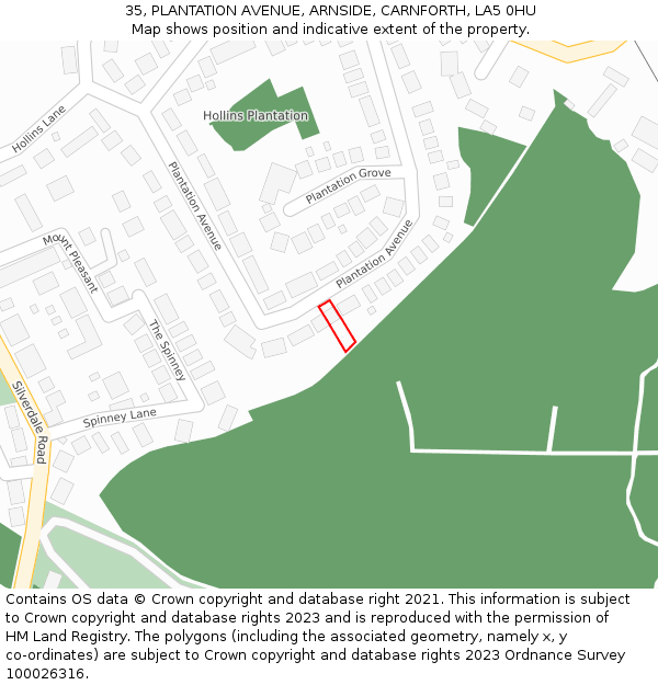 35, PLANTATION AVENUE, ARNSIDE, CARNFORTH, LA5 0HU: Location map and indicative extent of plot