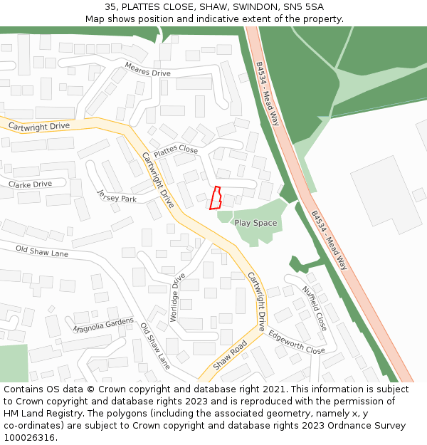 35, PLATTES CLOSE, SHAW, SWINDON, SN5 5SA: Location map and indicative extent of plot