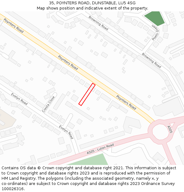 35, POYNTERS ROAD, DUNSTABLE, LU5 4SG: Location map and indicative extent of plot