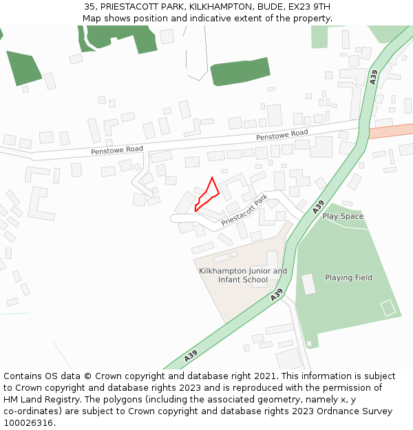 35, PRIESTACOTT PARK, KILKHAMPTON, BUDE, EX23 9TH: Location map and indicative extent of plot