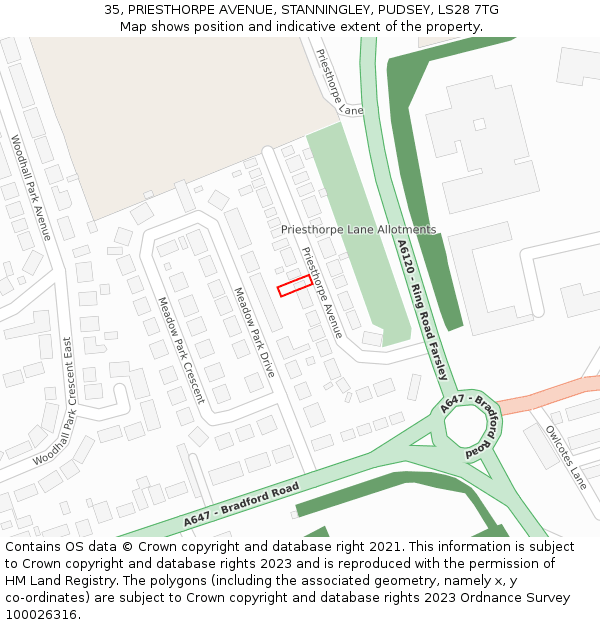 35, PRIESTHORPE AVENUE, STANNINGLEY, PUDSEY, LS28 7TG: Location map and indicative extent of plot