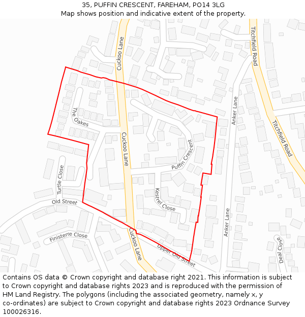 35, PUFFIN CRESCENT, FAREHAM, PO14 3LG: Location map and indicative extent of plot