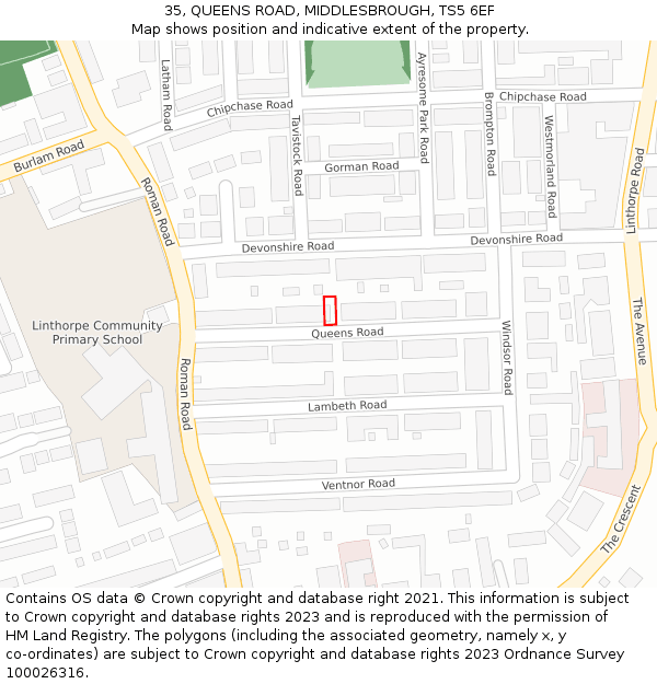 35, QUEENS ROAD, MIDDLESBROUGH, TS5 6EF: Location map and indicative extent of plot