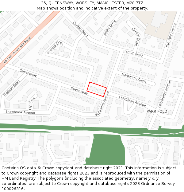 35, QUEENSWAY, WORSLEY, MANCHESTER, M28 7TZ: Location map and indicative extent of plot