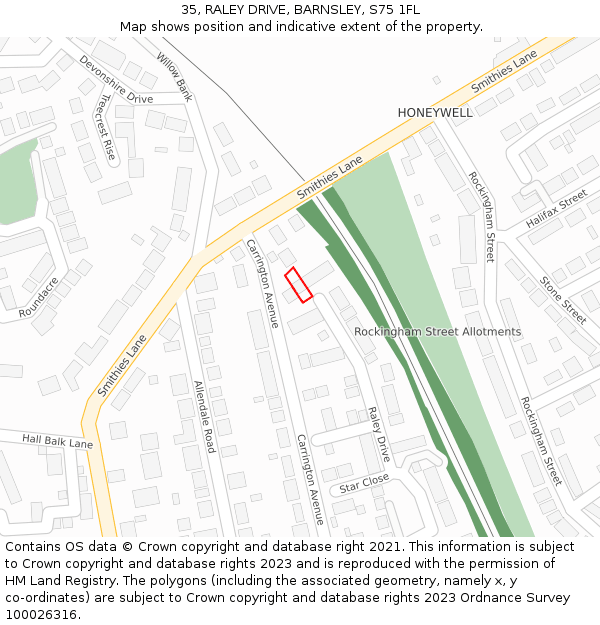 35, RALEY DRIVE, BARNSLEY, S75 1FL: Location map and indicative extent of plot