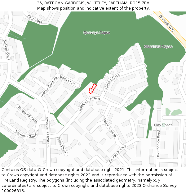 35, RATTIGAN GARDENS, WHITELEY, FAREHAM, PO15 7EA: Location map and indicative extent of plot