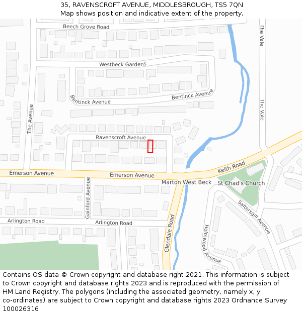 35, RAVENSCROFT AVENUE, MIDDLESBROUGH, TS5 7QN: Location map and indicative extent of plot