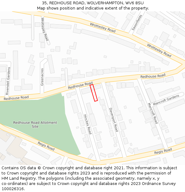 35, REDHOUSE ROAD, WOLVERHAMPTON, WV6 8SU: Location map and indicative extent of plot