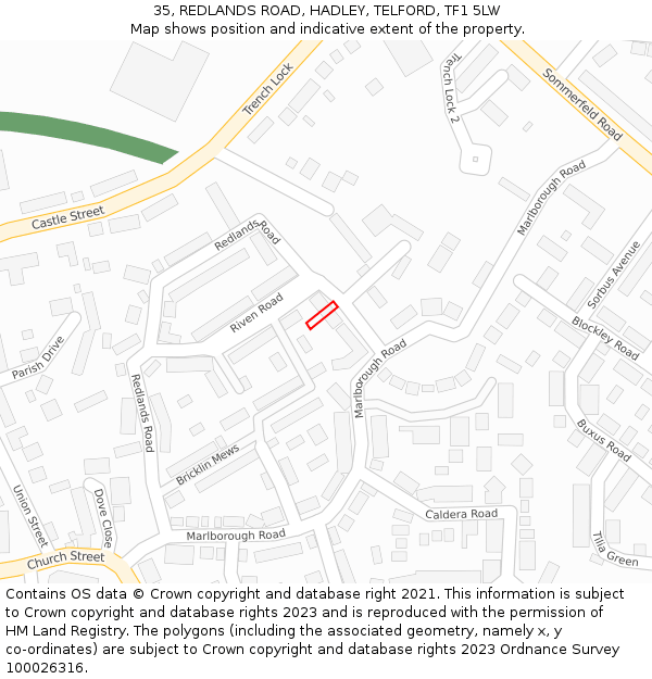 35, REDLANDS ROAD, HADLEY, TELFORD, TF1 5LW: Location map and indicative extent of plot