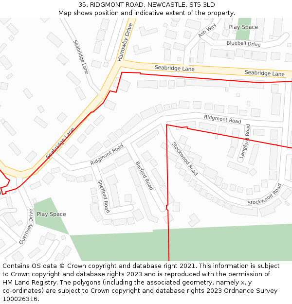 35, RIDGMONT ROAD, NEWCASTLE, ST5 3LD: Location map and indicative extent of plot