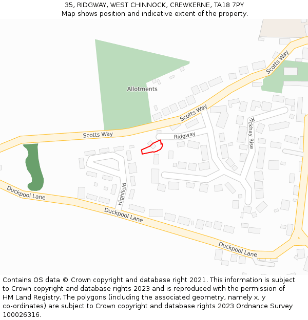 35, RIDGWAY, WEST CHINNOCK, CREWKERNE, TA18 7PY: Location map and indicative extent of plot