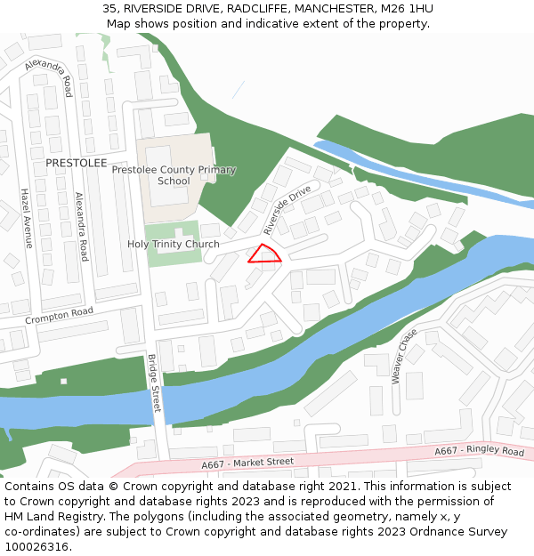 35, RIVERSIDE DRIVE, RADCLIFFE, MANCHESTER, M26 1HU: Location map and indicative extent of plot