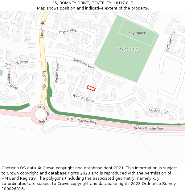 35, ROMNEY DRIVE, BEVERLEY, HU17 8LB: Location map and indicative extent of plot