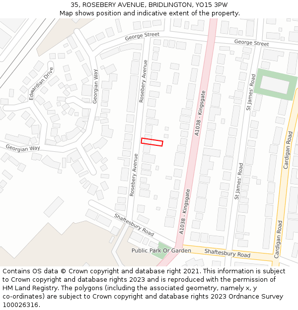 35, ROSEBERY AVENUE, BRIDLINGTON, YO15 3PW: Location map and indicative extent of plot