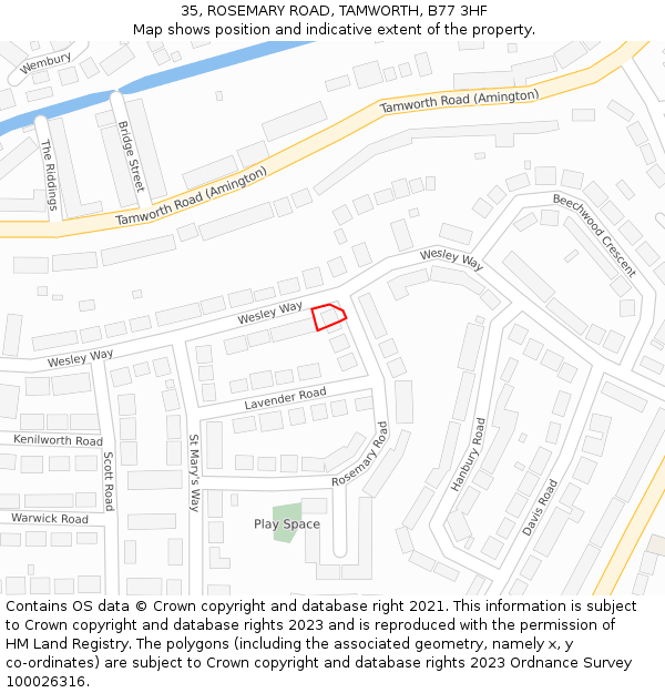 35, ROSEMARY ROAD, TAMWORTH, B77 3HF: Location map and indicative extent of plot