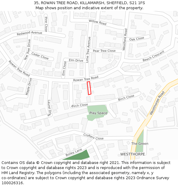 35, ROWAN TREE ROAD, KILLAMARSH, SHEFFIELD, S21 1FS: Location map and indicative extent of plot
