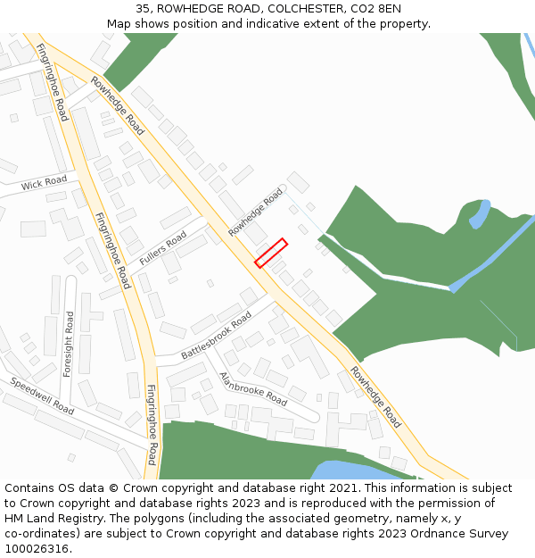 35, ROWHEDGE ROAD, COLCHESTER, CO2 8EN: Location map and indicative extent of plot