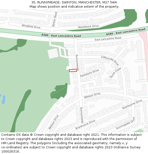 35, RUNNYMEADE, SWINTON, MANCHESTER, M27 5WA: Location map and indicative extent of plot