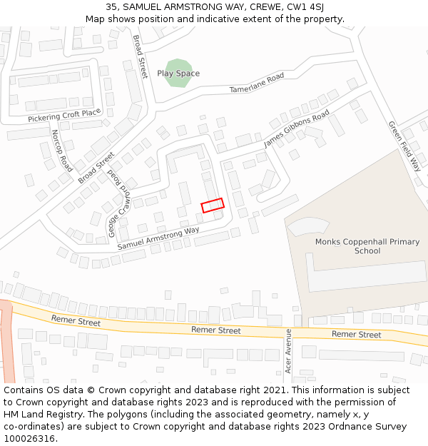 35, SAMUEL ARMSTRONG WAY, CREWE, CW1 4SJ: Location map and indicative extent of plot