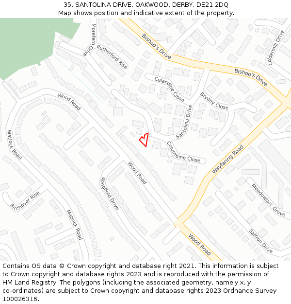 35, SANTOLINA DRIVE, OAKWOOD, DERBY, DE21 2DQ: Location map and indicative extent of plot