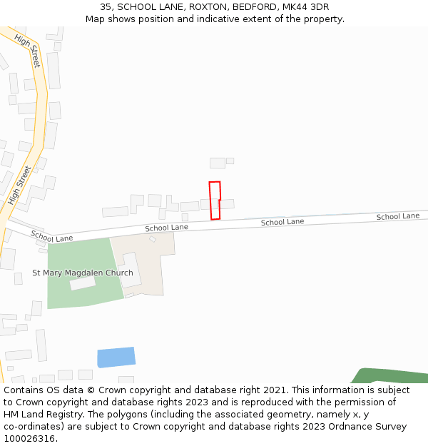 35, SCHOOL LANE, ROXTON, BEDFORD, MK44 3DR: Location map and indicative extent of plot