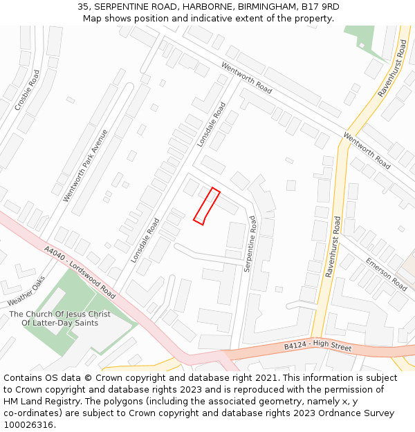 35, SERPENTINE ROAD, HARBORNE, BIRMINGHAM, B17 9RD: Location map and indicative extent of plot