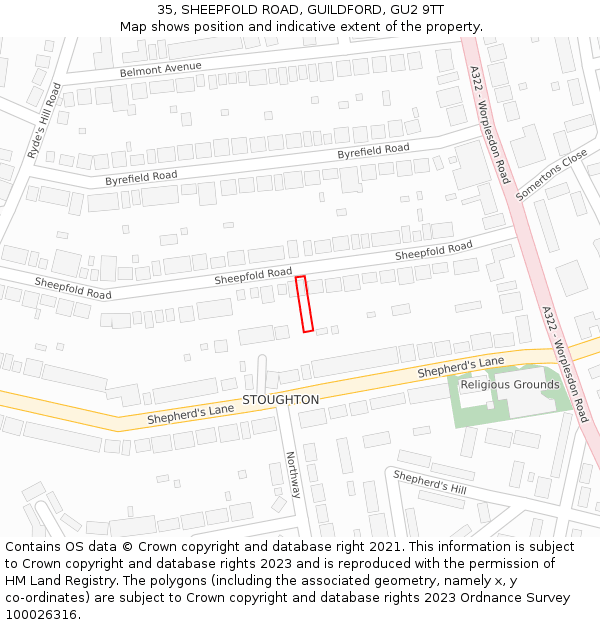 35, SHEEPFOLD ROAD, GUILDFORD, GU2 9TT: Location map and indicative extent of plot