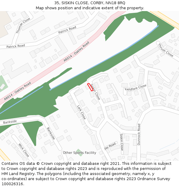 35, SISKIN CLOSE, CORBY, NN18 8RQ: Location map and indicative extent of plot