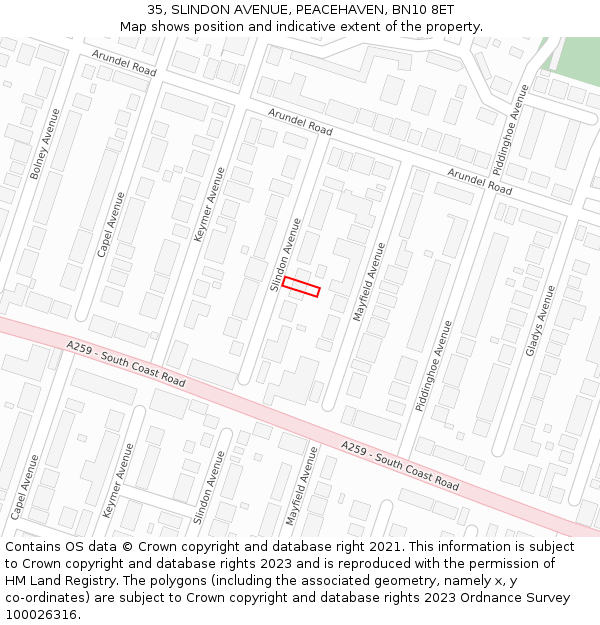 35, SLINDON AVENUE, PEACEHAVEN, BN10 8ET: Location map and indicative extent of plot