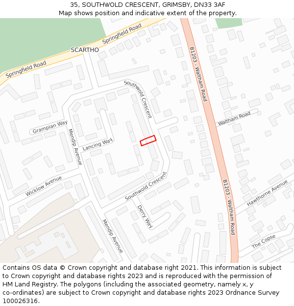 35, SOUTHWOLD CRESCENT, GRIMSBY, DN33 3AF: Location map and indicative extent of plot
