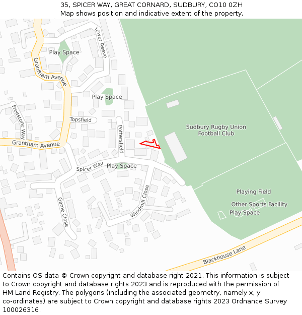 35, SPICER WAY, GREAT CORNARD, SUDBURY, CO10 0ZH: Location map and indicative extent of plot