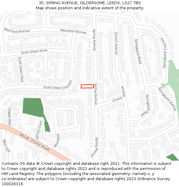 35, SPRING AVENUE, GILDERSOME, LEEDS, LS27 7BS: Location map and indicative extent of plot