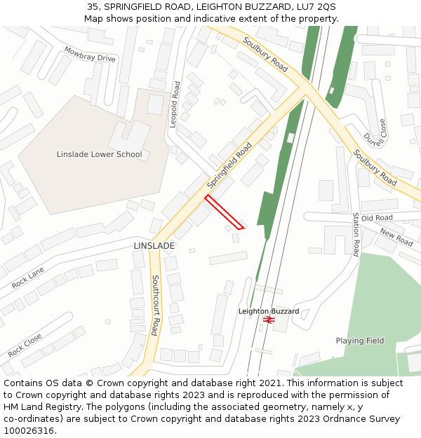 35, SPRINGFIELD ROAD, LEIGHTON BUZZARD, LU7 2QS: Location map and indicative extent of plot