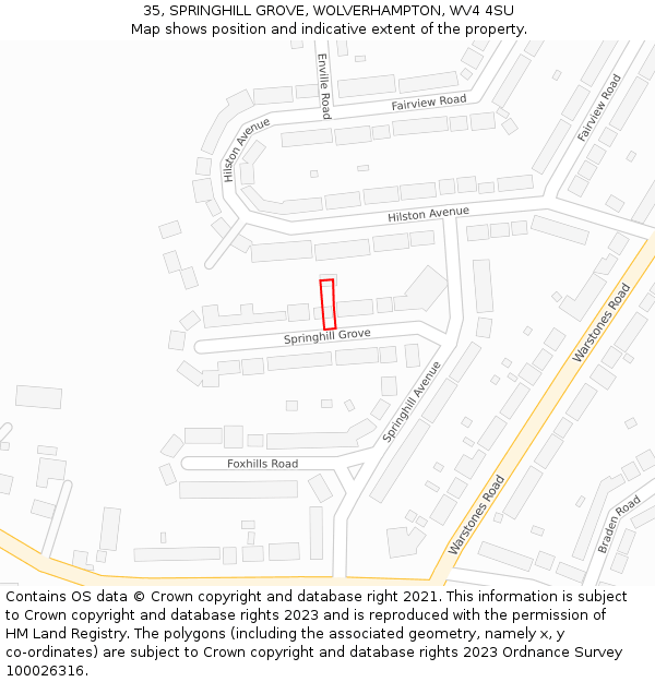 35, SPRINGHILL GROVE, WOLVERHAMPTON, WV4 4SU: Location map and indicative extent of plot