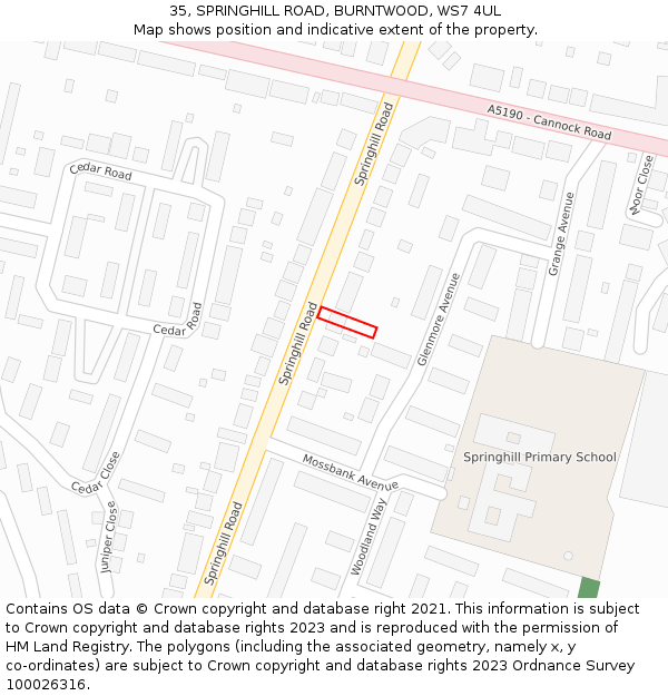 35, SPRINGHILL ROAD, BURNTWOOD, WS7 4UL: Location map and indicative extent of plot