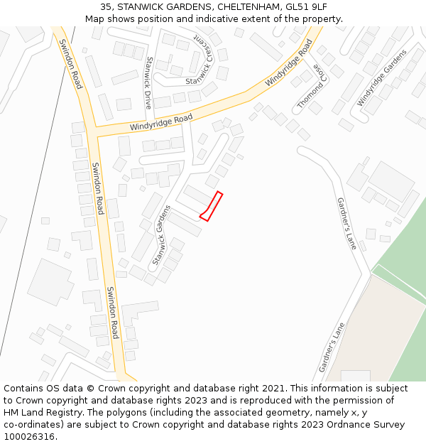 35, STANWICK GARDENS, CHELTENHAM, GL51 9LF: Location map and indicative extent of plot