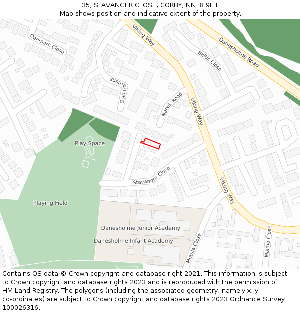 35, STAVANGER CLOSE, CORBY, NN18 9HT: Location map and indicative extent of plot