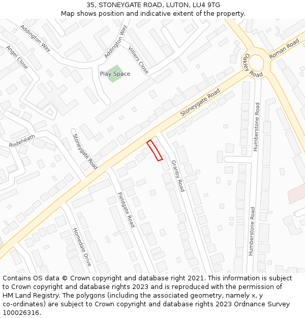 35, STONEYGATE ROAD, LUTON, LU4 9TG: Location map and indicative extent of plot