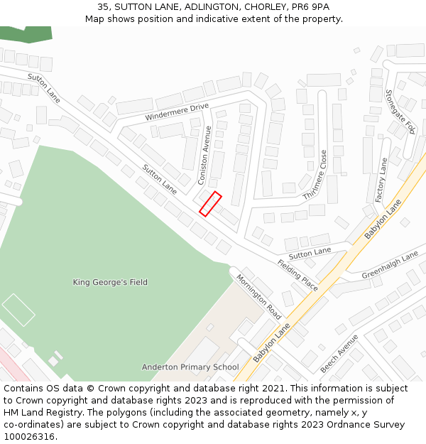 35, SUTTON LANE, ADLINGTON, CHORLEY, PR6 9PA: Location map and indicative extent of plot