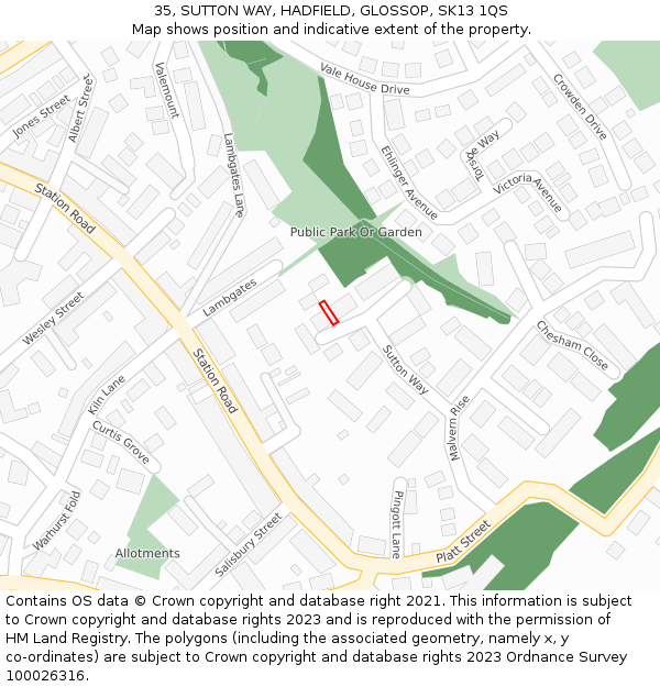 35, SUTTON WAY, HADFIELD, GLOSSOP, SK13 1QS: Location map and indicative extent of plot