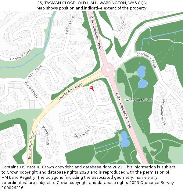 35, TASMAN CLOSE, OLD HALL, WARRINGTON, WA5 8QN: Location map and indicative extent of plot