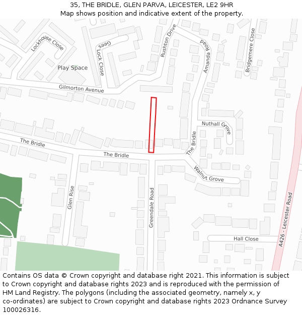 35, THE BRIDLE, GLEN PARVA, LEICESTER, LE2 9HR: Location map and indicative extent of plot