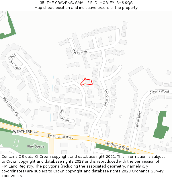 35, THE CRAVENS, SMALLFIELD, HORLEY, RH6 9QS: Location map and indicative extent of plot