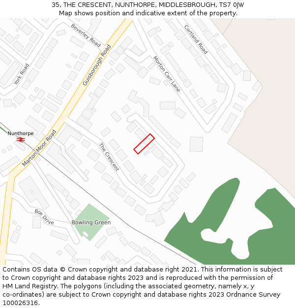 35, THE CRESCENT, NUNTHORPE, MIDDLESBROUGH, TS7 0JW: Location map and indicative extent of plot