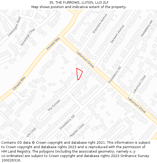 35, THE FURROWS, LUTON, LU3 2LF: Location map and indicative extent of plot