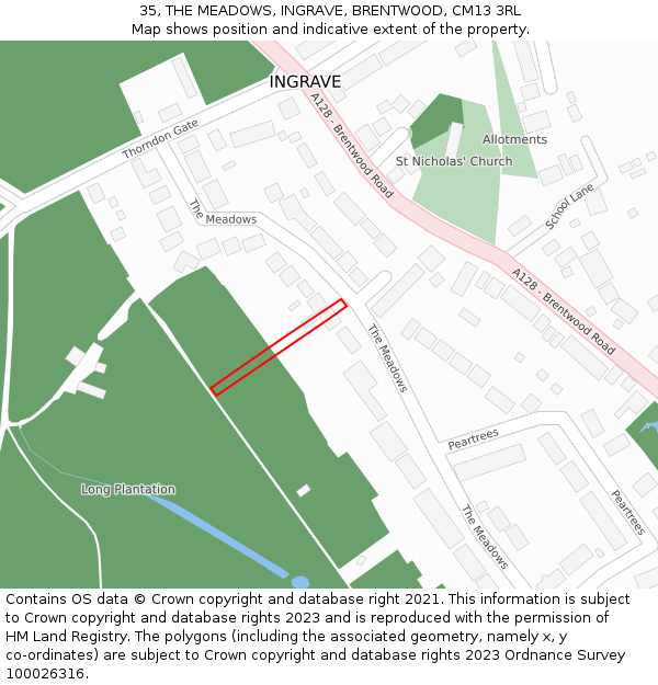 35, THE MEADOWS, INGRAVE, BRENTWOOD, CM13 3RL: Location map and indicative extent of plot